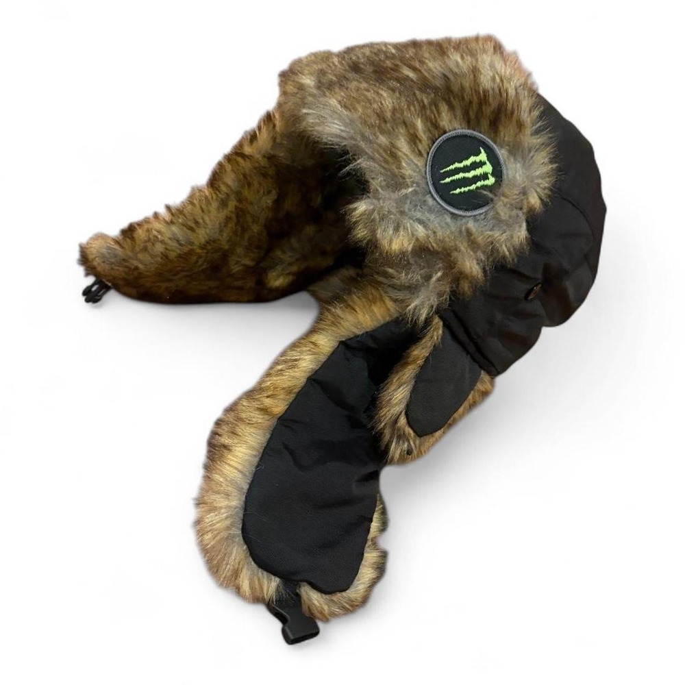 Monster Energy Black Faux Fur Trapper Hat Ushanka Winter Hat Claw Logo Patch